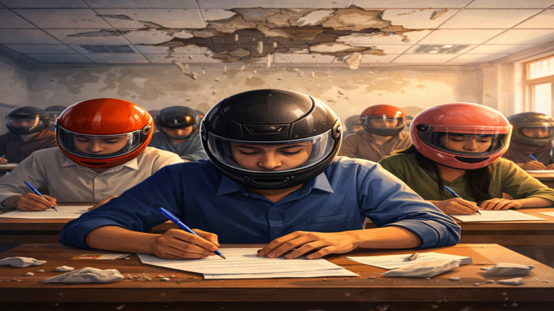 জবিতে হেলমেট পরে পরীক্ষা, নিরাপত্তা নিয়ে শিক্ষার্থীদের উদ্বে