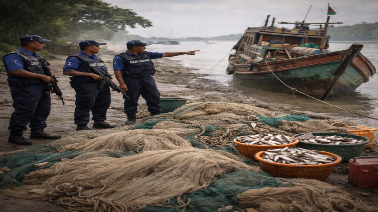 বিষখালী-বলেশ্বর নদীতে কোস্ট গার্ডের অভিযানে জব্দ ট্রলিং বোট